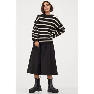 H&M Black Ivory Striped Cotton Chunky Rib Knit Crew Neck Loose Sweater, Size S